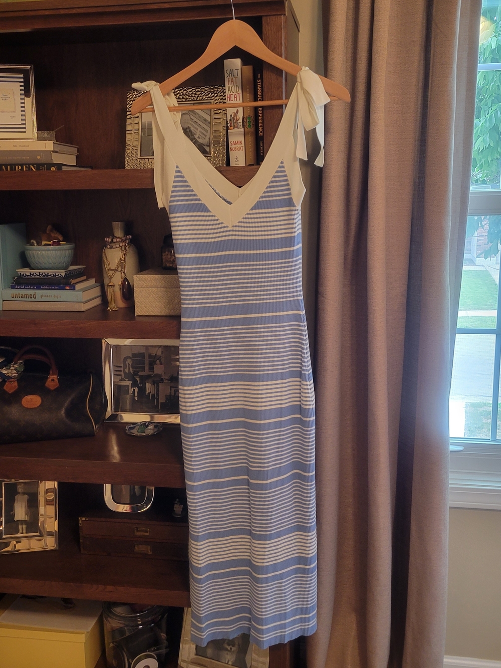 Striped Blue and Off White Tie-Shoulder Dress